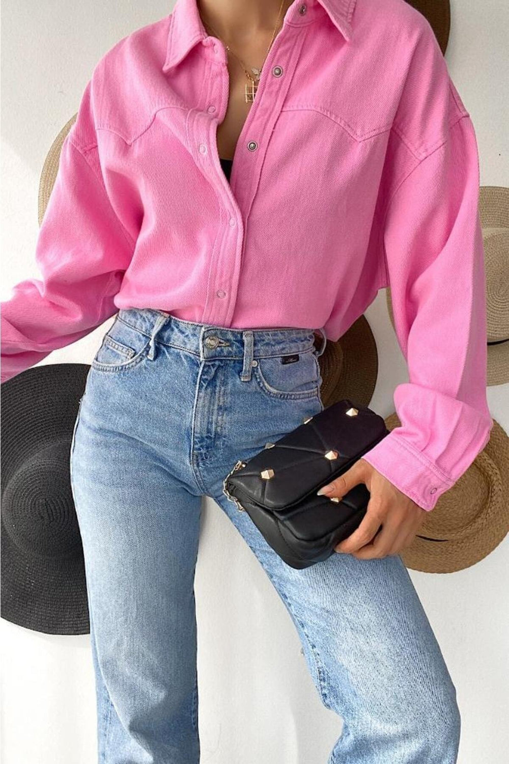 Kadın Düşük Omuz Oversize Çıtçıtlı Kalın Gömlek - Pembe
