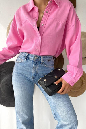 Kadın Düşük Omuz Oversize Çıtçıtlı Kalın Gömlek - Pembe