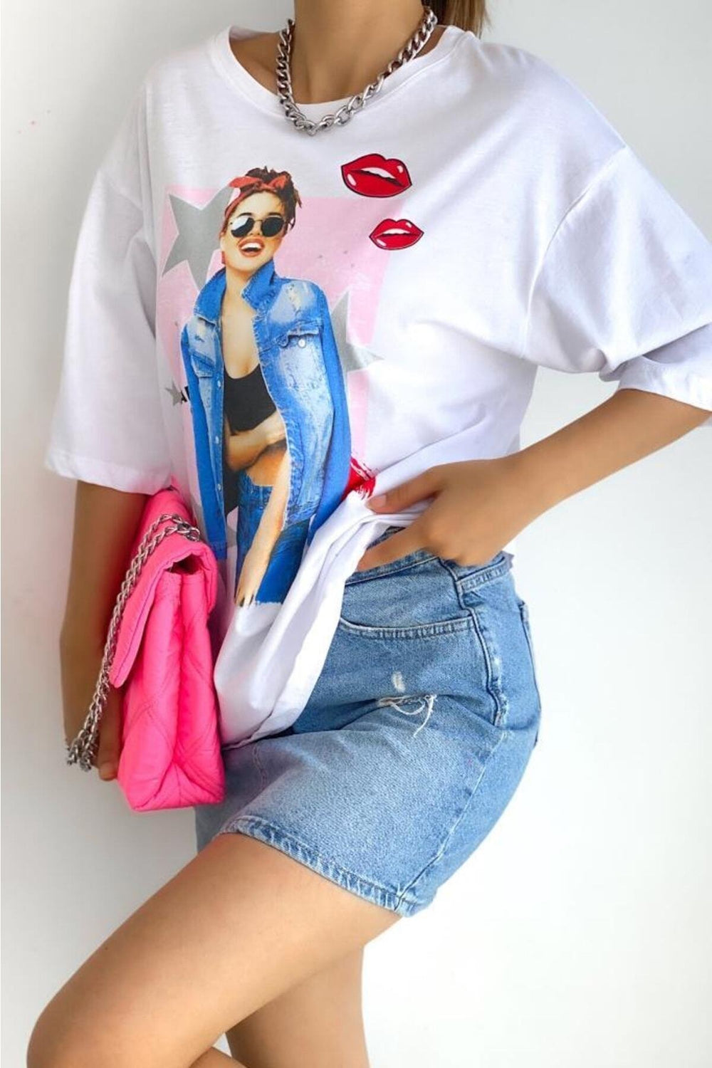 Kadın Bisiklet Yaka Baskılı Yeni Sezon Pamuk T-shirt - Beyaz