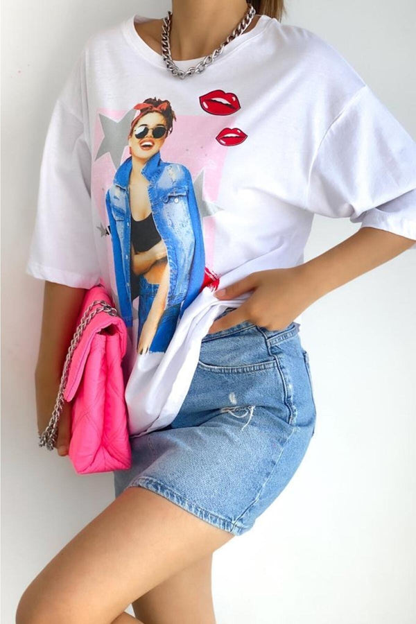 Kadın Bisiklet Yaka Baskılı Yeni Sezon Pamuk T-shirt - Beyaz