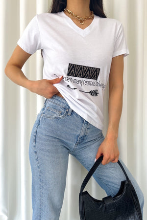 Kadın V Yaka Pamuk Tişört - Beyaz