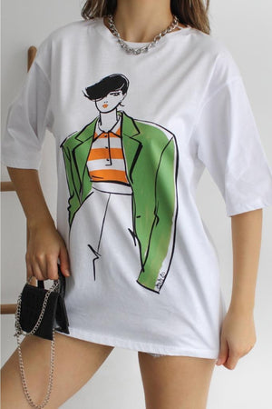 Kadın Baskılı Pamuk T-shirt - Beyaz