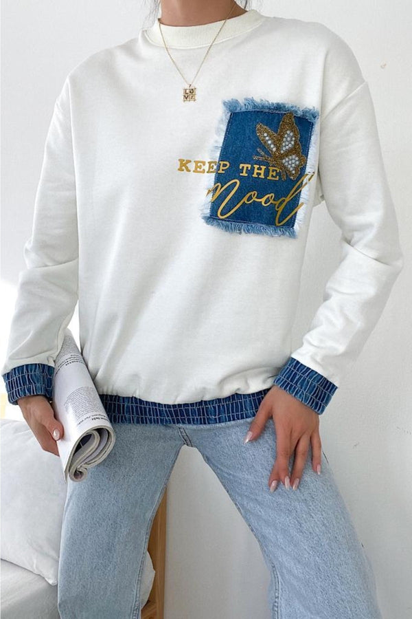 Kadın Etek Ucu Ve Bilekleri Kot Detaylı Kelebek Taşlı Pamuk Sweatshirt - Beyaz