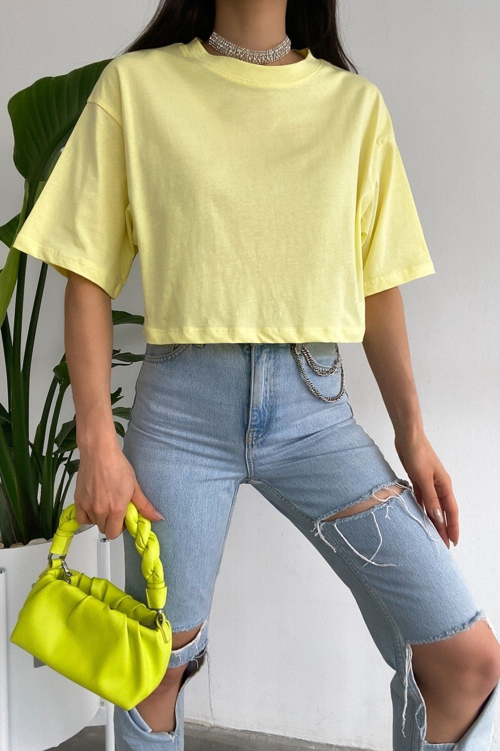 Kadın %100 Pamuk Crop Tişört - Sarı