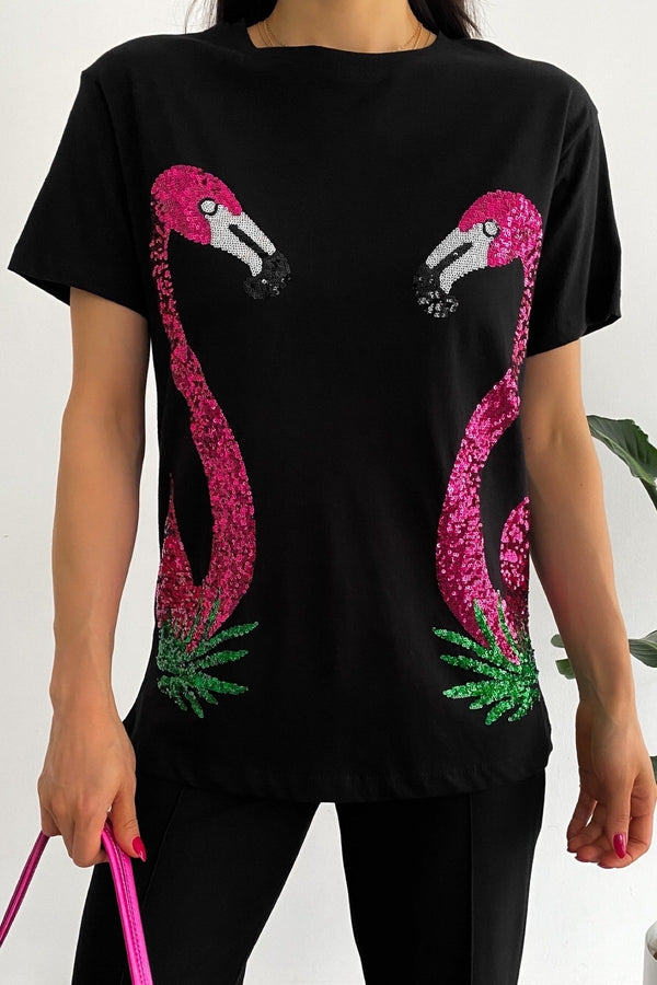 Kadın Yeni Sezon Flamingo Pul Payet Işlemeli Pamuk Tişört - Siyah