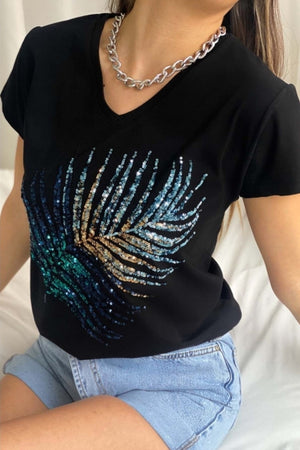 Kadın V Yaka Yaprak Pul Payet Işleme Pamuklu T-shirt - Siyah
