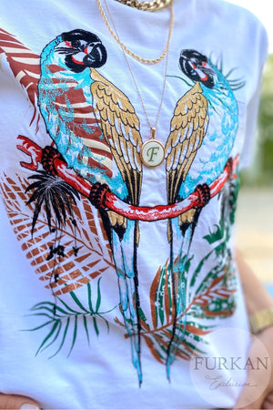 Kadın Papağan Nakışlı Pamuk T-Shirt - Beyaz