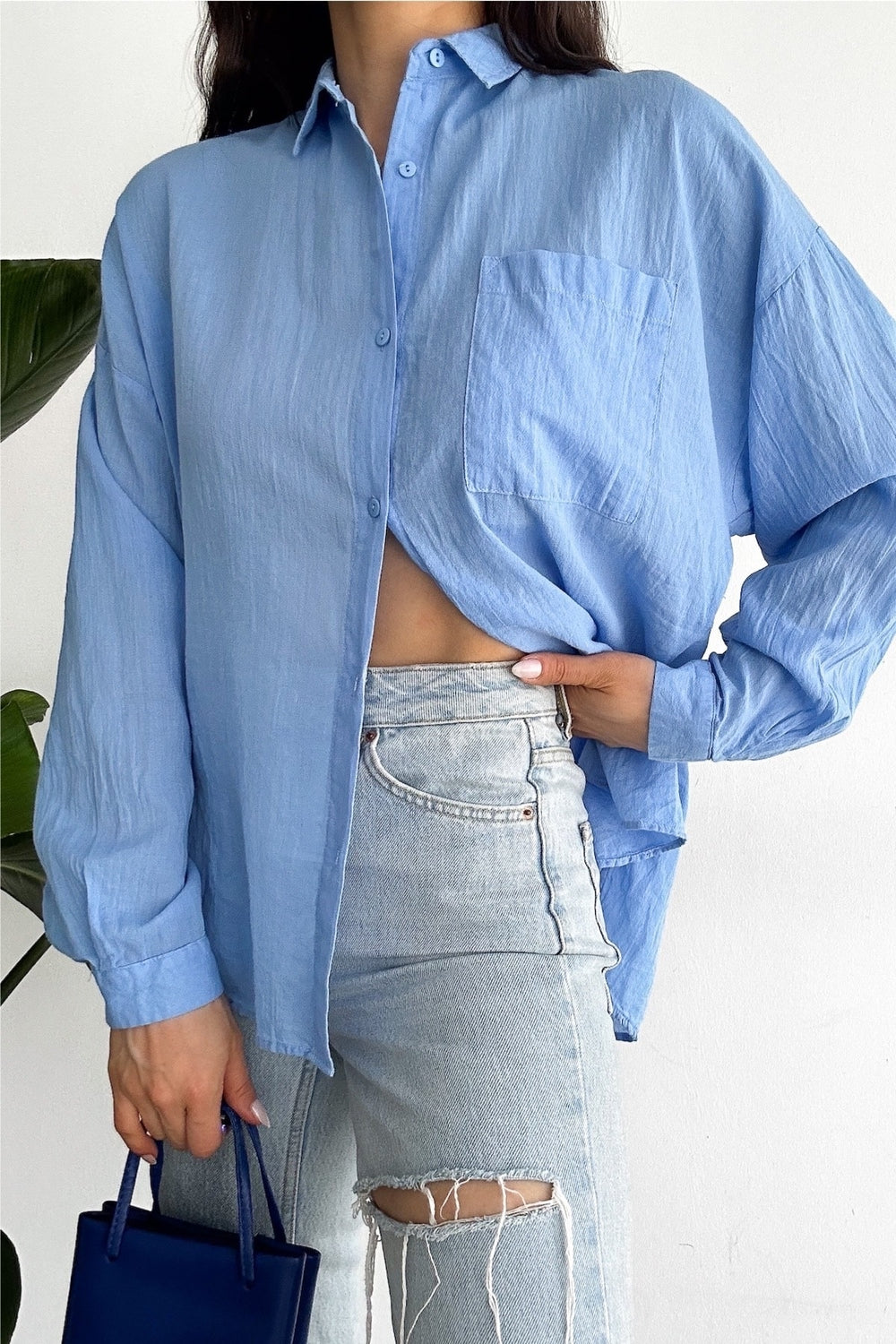 Kadın Düşük Omuz Tek Cep Basic Oversize Geniş Kalıp Gömlek - Mavi