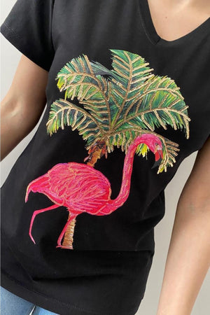 Kadın V Yaka Flamingo Pul Işlemeli Pamuk T-shirt - Siyah