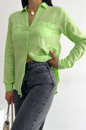 Kadın Açık Yeşil V Yaka Çift Cepli Katlanır Kol Slim Fit Kalıp Gömlek - Fıstık Yeşil