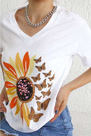 Kadın V Yaka Papatya Kelebek Pul Işlemeli Pamuk T-shirt - Beyaz
