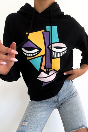 Kadın Yeni Sezon Karakter Baskılı Kapüşonlu Pamuklu Sweatshirt - Siyah
