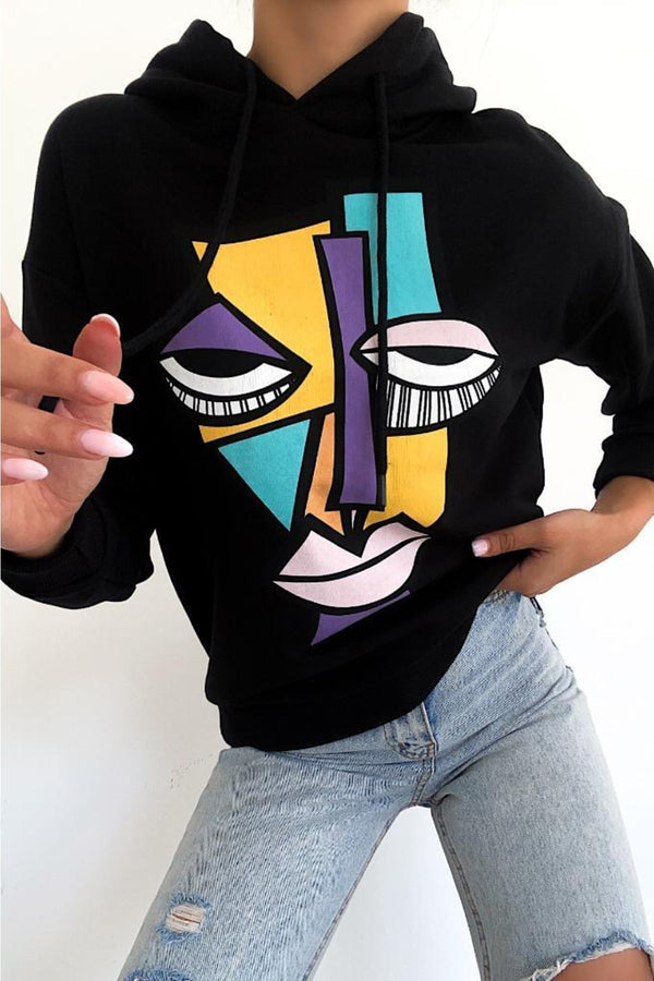 Kadın Yeni Sezon Karakter Baskılı Kapüşonlu Pamuklu Sweatshirt - Siyah