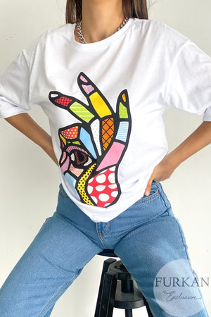 Kadın Bisiklet Yaka Düşük Omuz Oversize T-shirt - Beyaz