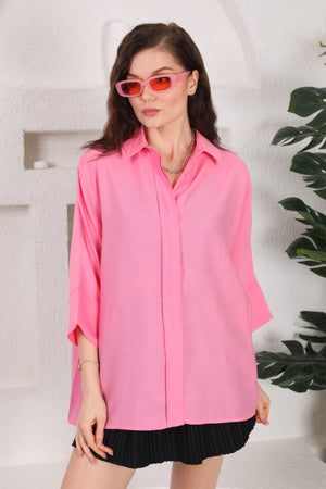 Kadın Gizli Düğmeli Fakir Kol Salaş Oversize Geniş Kalıp %50 Viskon %50 Pamuk Gömlek - Pembe