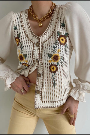 Kadın Yeni Sezon Çiçek Nakışlı Vintage Gömlek - Krem