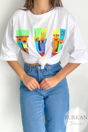 Kadın Bisiklet Yaka Neon Baskılı Oversize Tişörr - Beyaz