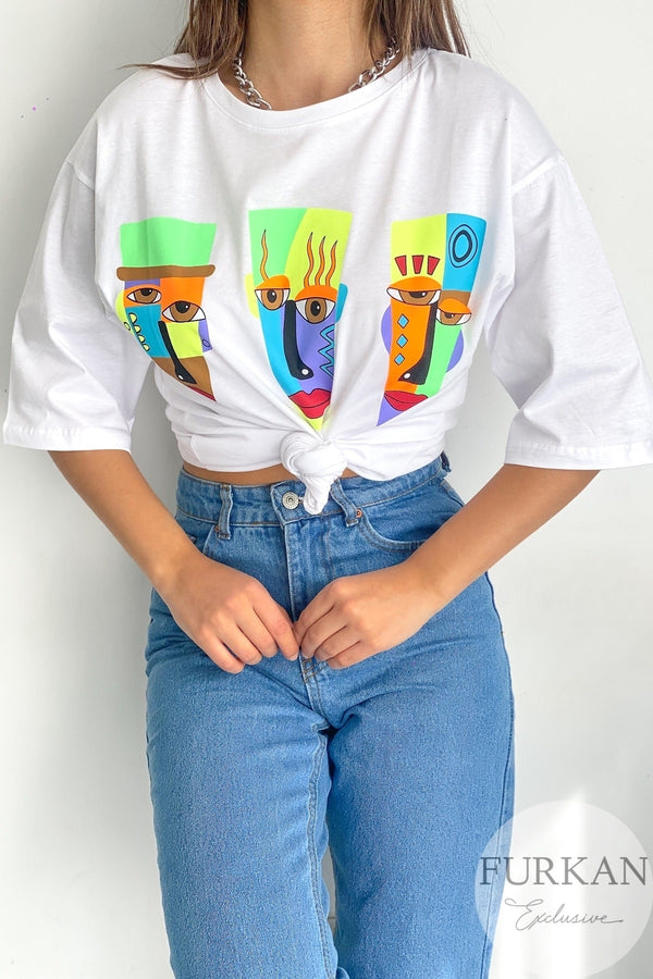 Kadın Bisiklet Yaka Neon Baskılı Oversize Tişörr - Beyaz