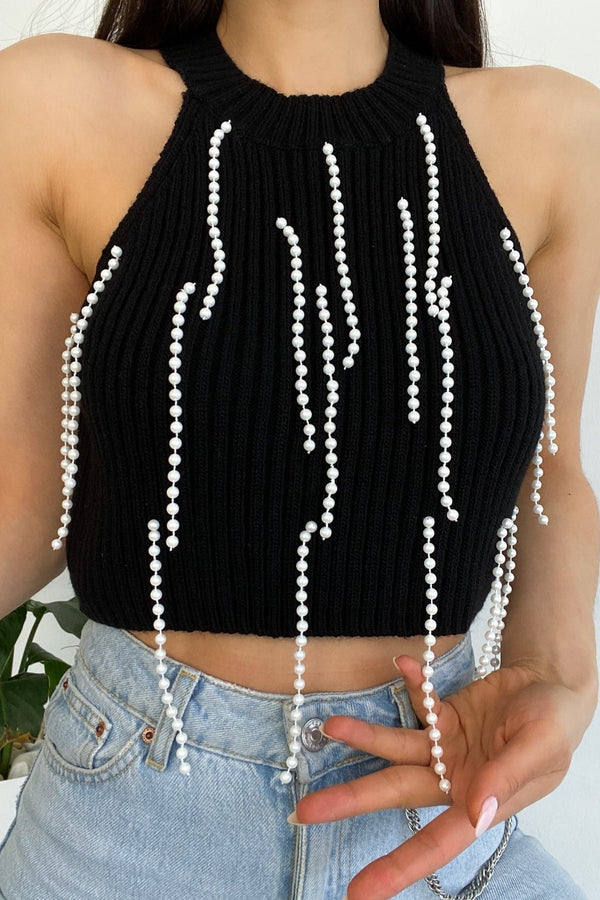 Kadın Halter Yaka Boncuklu Triko Crop Bluz - Siyah