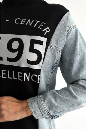 Kadın Baskılı Kolu Kot Içi Şardonlu Pamuk Sweatshirt - Siyah