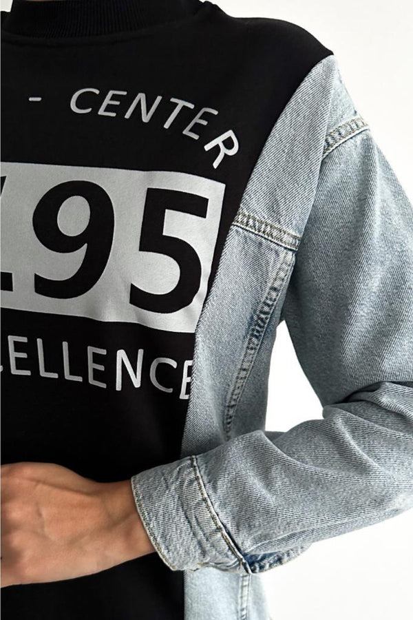 Kadın Baskılı Kolu Kot Içi Şardonlu Pamuk Sweatshirt - Siyah