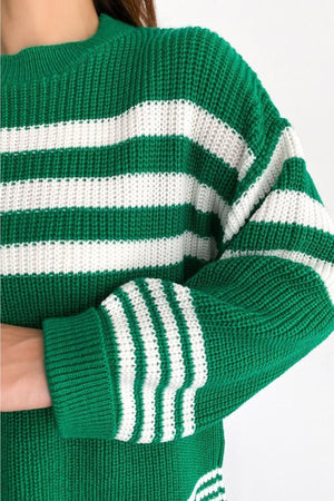 Kadın Çizgili Standart Beden Örme Oversize Triko Kazak - Yeşil