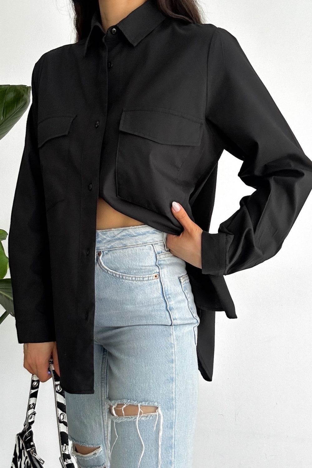 Kadın Yeni Sezon Çift Cepli Oversize Gömlek - Siyah