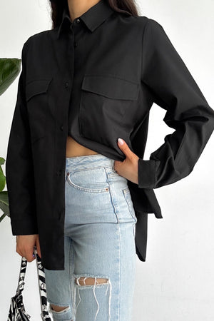 Kadın Yeni Sezon Çift Cepli Oversize Gömlek - Siyah