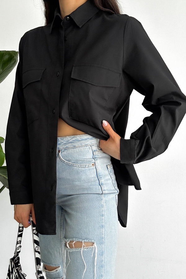 Kadın Yeni Sezon Çift Cepli Oversize Gömlek - Siyah
