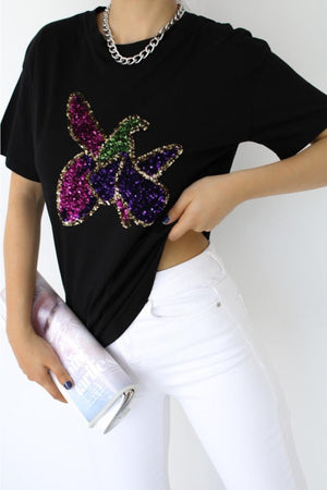 Kadın Harıbülbül Çiçek Pul Payet Dikme Pamuk T-shirt - Siyah