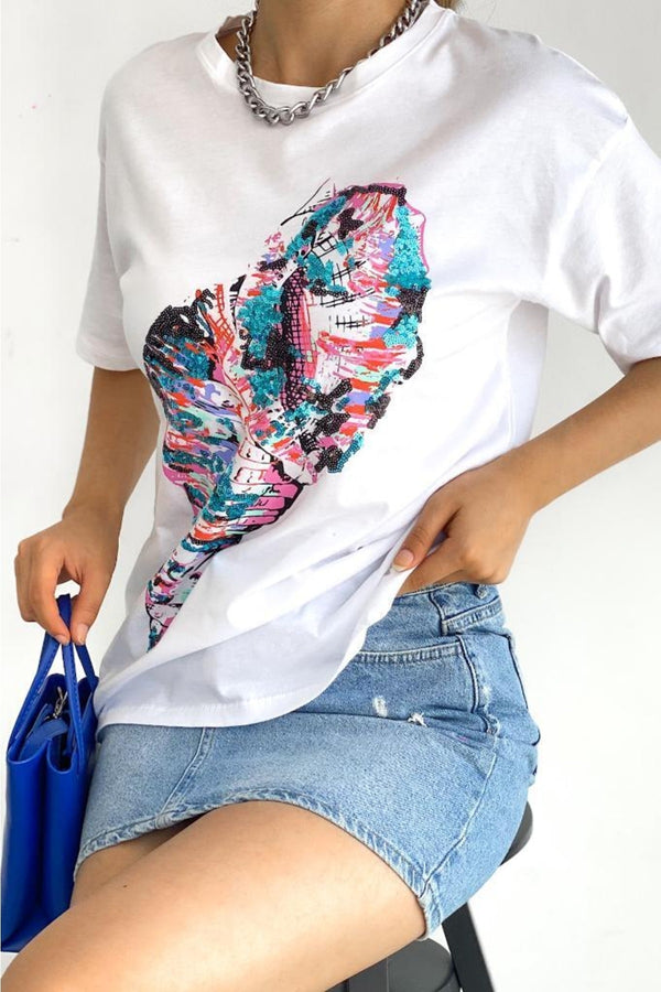Kadın Bisiklet Yaka Pul Payet Işleme Yeni Sezon Pamuk T-shirt - Beyaz
