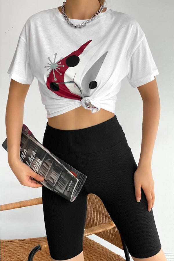 Kadın Bisiklet Yaka Baskılı Yeni Sezon T-shirt - Beyaz