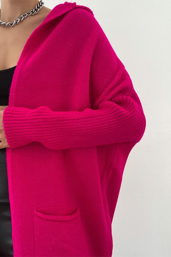 Kadın Yarasa Kol Çift Cep Bol Salaş Oversize Standart Beden Kapüşonlu Triko Hırka - Fuşya