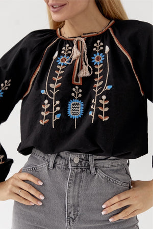 Kadın Püsküllü Vintage Nakışlı Pamuklu Bluz - Siyah