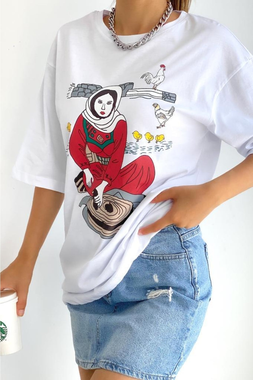 Kadın Yeni Sezon Baskılı Pamuk T-shirt - Beyaz
