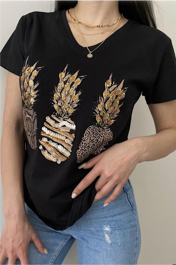 Kadın V Yaka Pullu Ananas T-shirt - Siyah