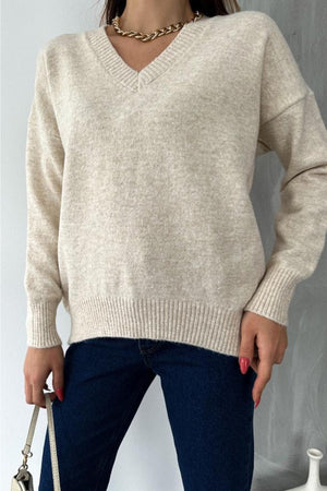 Kadın V Yaka Standart Beden Oversize Basic Triko Kazak - Taş