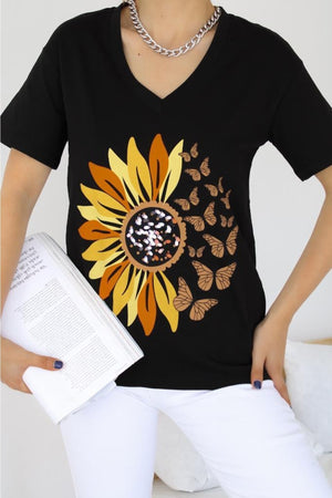 Kadın V Yaka Papatya Kelebek Pul Işlemeli Pamuk T-shirt - Siyah