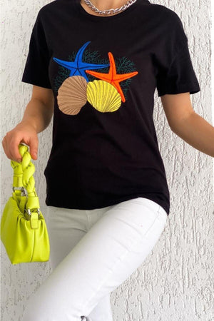 Kadın Bisiklet Yaka Deniz Yıldızı Nakış Işlemeli Yeni Sezon T-shirt - Siyah