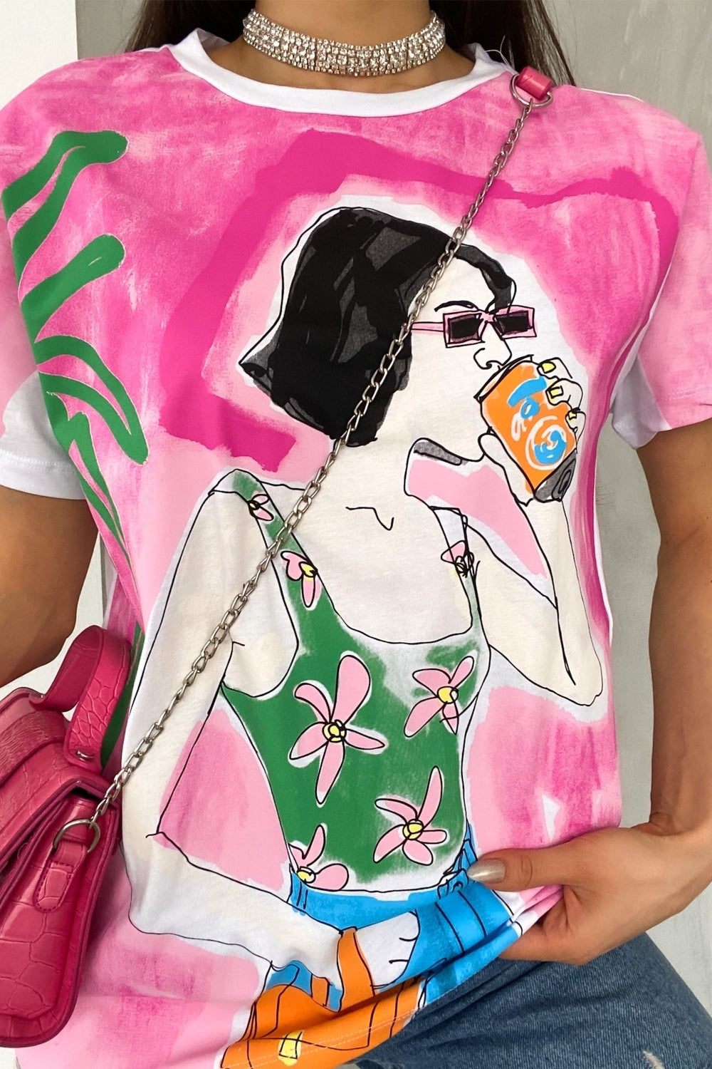 Kadın Yeni Sezon Tasarım Baskılı Pamuk Tişört - Pembe
