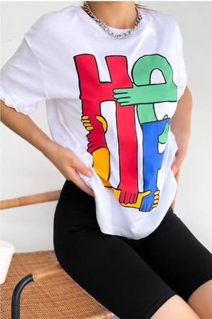 Kadın Bisiklet Yaka Help Baskılı Pamuk T-shirt - Beyaz