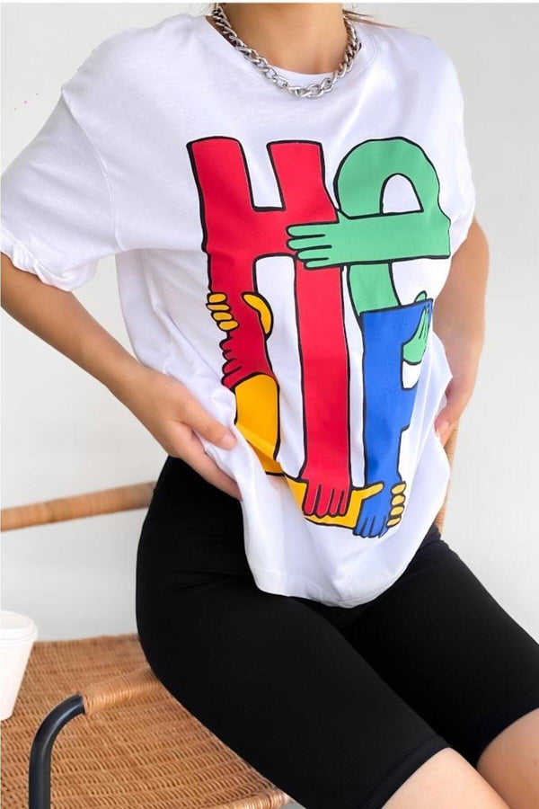 Kadın Bisiklet Yaka Help Baskılı Pamuk T-shirt - Beyaz