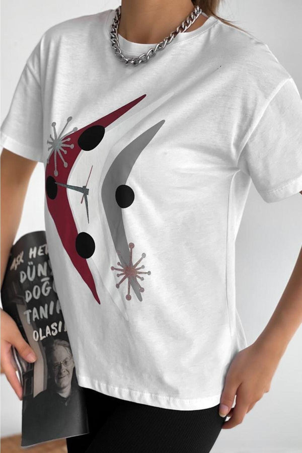 Kadın Bisiklet Yaka Baskılı Yeni Sezon T-shirt - Beyaz