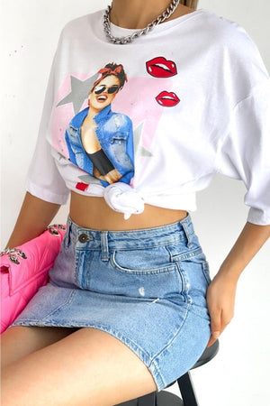 Kadın Bisiklet Yaka Baskılı Yeni Sezon Pamuk T-shirt - Beyaz
