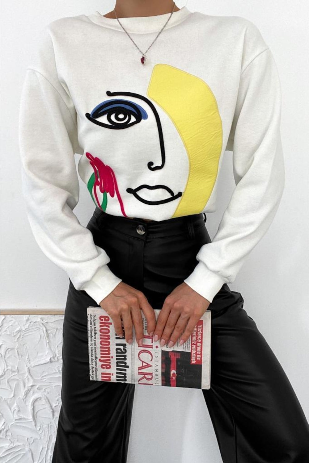 Kalın Içi Polarlı Nakış Işlemeli Kabartmalı Oversize Sweatshirt - Ekru