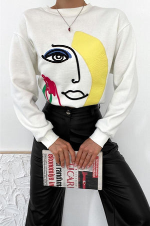 Kalın Içi Polarlı Nakış Işlemeli Kabartmalı Oversize Sweatshirt - Ekru