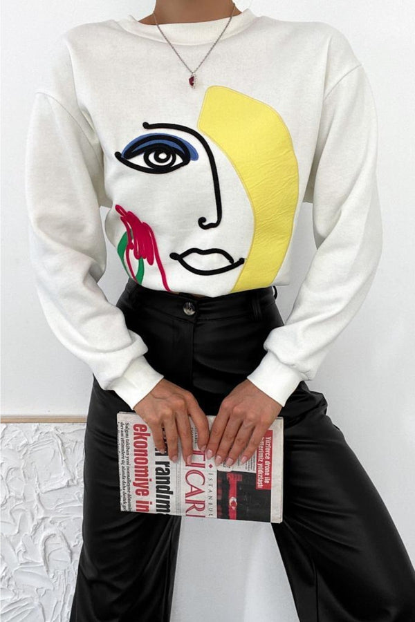 Kalın Içi Polarlı Nakış Işlemeli Kabartmalı Oversize Sweatshirt - Ekru