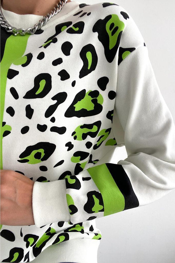 Kadın Leopar Desen Pamuk Sweatshirt - Beyaz