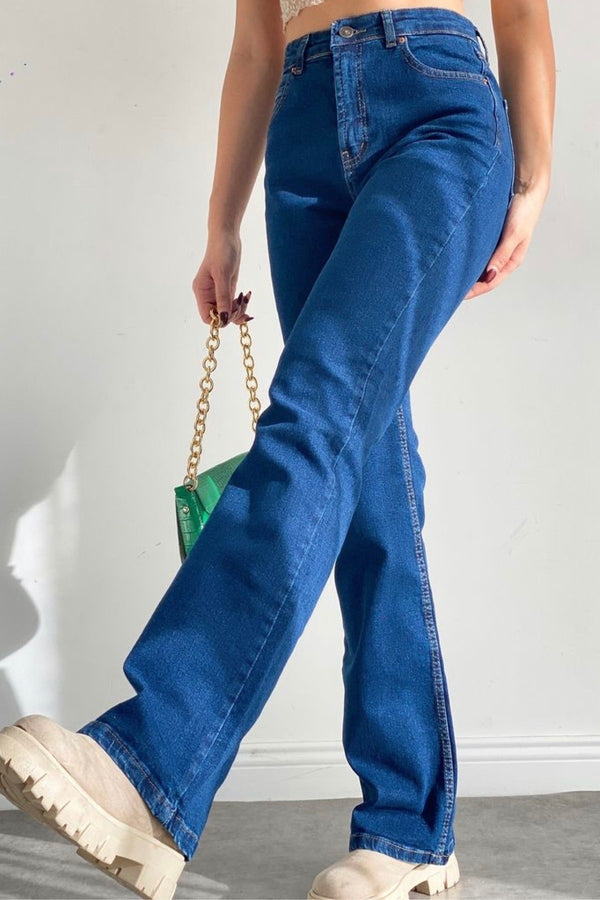 Kadın Likralı Ispanyol Paça Jeans Kot Pantolon - Koyu Mavi
