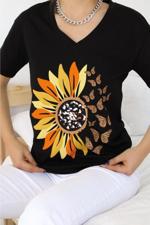 Kadın V Yaka Papatya Kelebek Pul Işlemeli Pamuk T-shirt - Siyah
